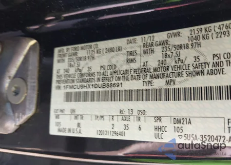 2013 Ford Escape Sel z USA, uszkodzony, nr VIN 1FMCU9HX1DUB88691